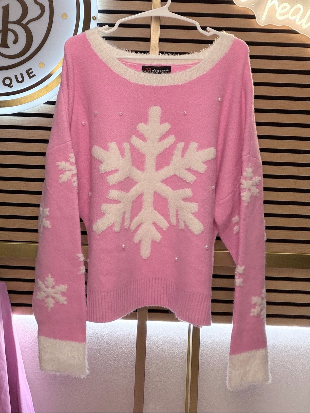 32 Degrees Pink Snowflake Crewneck Sweater with White Trim